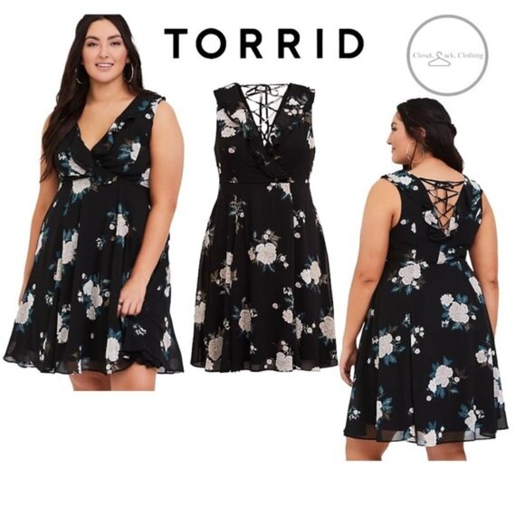 TORRID Black Floral Chiffon Skater Dress Size 12 - Picture 1 of 8